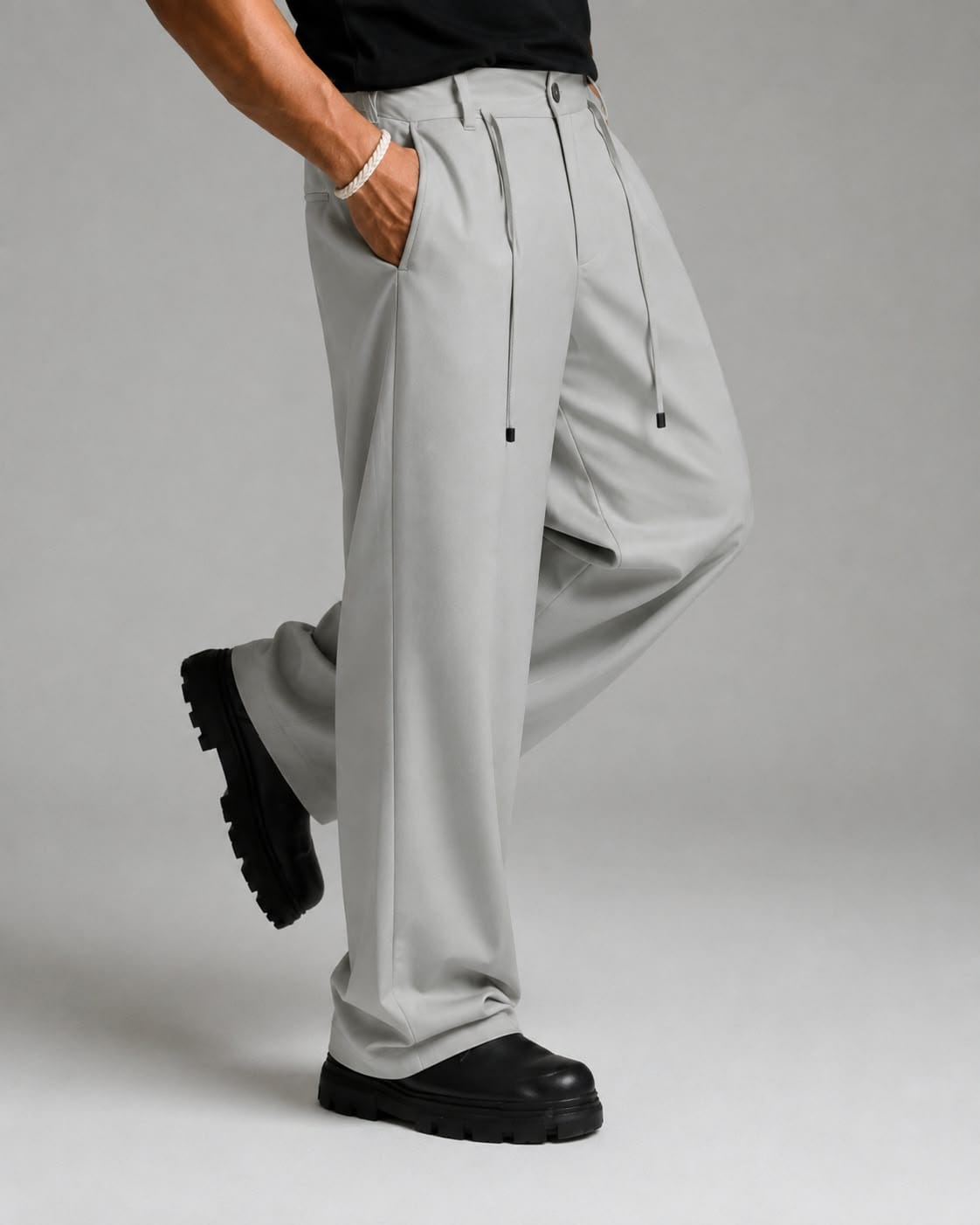 wide leg pants with rope - GRAY